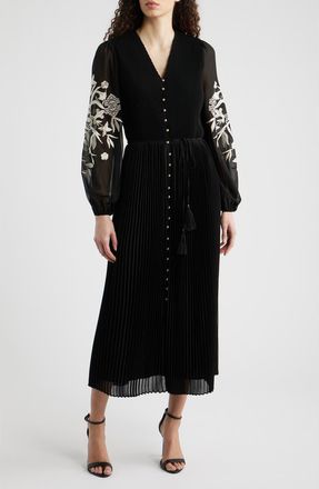 Elie Tahari The Amanda Embroidered Long Sleeve Satin Dress in Noir at Nordstrom, Size 12