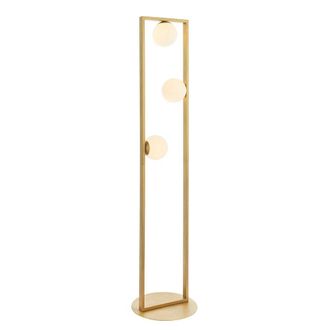 Loops 1410mm Brushed Gold Geometric 3 Light Floor Lamp & Glass Opal Sphere Shades in Clear