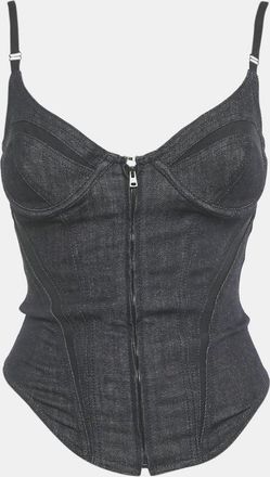 MUGLER Dark Blue Denim Mesh Detail Corset Top