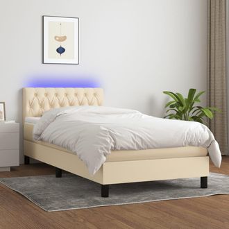 vidaXL Cama Box Spring Colch&oacute;n Y Luces Led Tela Color Crema 90x190 Cm Vidaxl