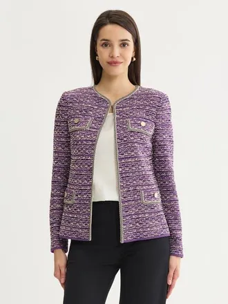 Misook Relaxed Lurex Eyelash Ribbon Knit Jacket in Fresh Purple/biscotti at Nordstrom, Size Xx-Large