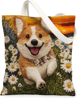 Generic Spring Dachshund Dog Canvas Tote Bag for Shopping 13x15, Knitting Style Garden Puppy Reusable Grocery Print Bag for Women, Fun Pet Beach Aesthetic Pai