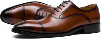 Generic Oxford Formal Shoes for Men Lace Up Cap Toe Black Burnished Toe Genuine Leather Anti-Slip Low Top Block Heel Non Slip Prom(8.5 UK)