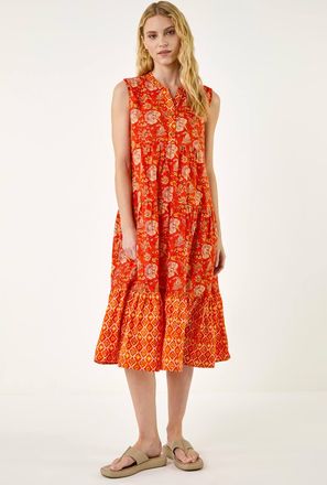 Roman Floral Print Contrast Swing Dress