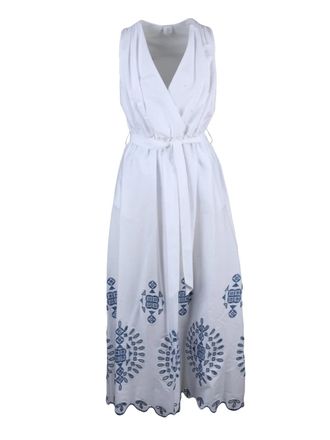 Eleventy White Blue Cotton Elastane Long Embroidered Dress