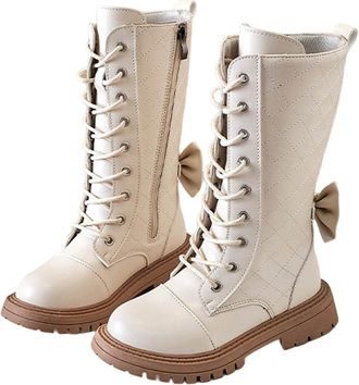 Generic Girls Lace-Up Mid Calf Combat Boots with Side-On Zipper Round Toe Water Proof Comfortable Warm Shoes Chunky Heel Non-Slip Casual Punk Goth Riding Walk
