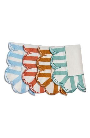 Misette Scallop Stripe 4-Pack Linen Napkins in Natural Base at Nordstrom