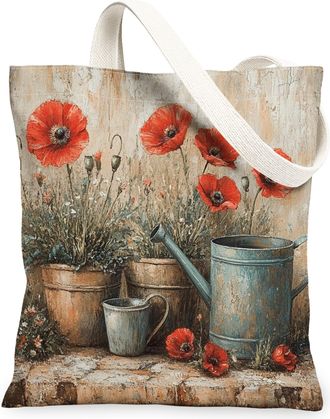 Generic Spring Farmhouse Poppy Canvas Tote Bag for Shopping 13x15, Rustic Vintage Floral Reusable Grocery Print Pattern Bag for Women Men, Country Flower Aest