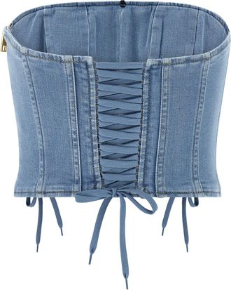 Elisabetta Franchi Denim Off-the-Shoulder Bustier Top - Blue