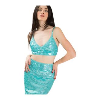 P.A.R.O.S.H. Top Corto de Lentejuelas con Cuello en V - Tops - Mujer - Azul - S