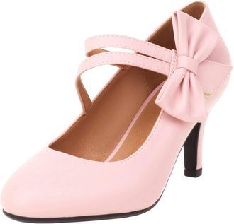 Agodor Womens Mary Jane Kitten Heel Shoes Bow Ankle Strap Court Shoes (UK 6, Pink)