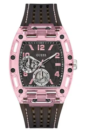 Guess Sporting Pink & Black Multifunction Silicone Strap Watch, 42mm x 43mm at Nordstrom