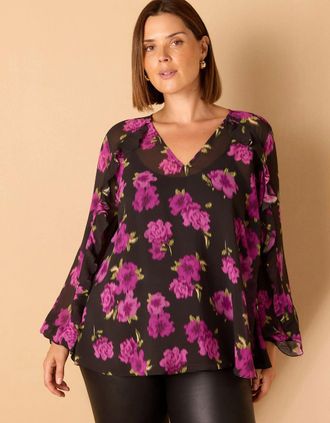 Live Unlimited London Womens Purple Floral Print V Neck Ruffle Blouse - Black - Size: 16