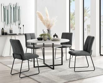 Furniturebox Adley Grey Concrete Effect Round Dining Table & 4 Halleyy Fabric Chairs in Dark Grey