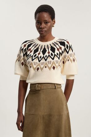 Karen Millen Womens Cotton Fairisle Knit Jumper - White - Size Large