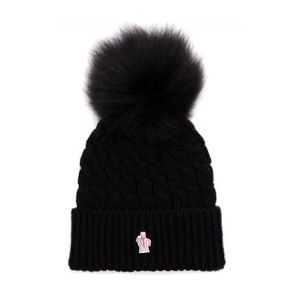 Moncler Accessoires, Dames, Zwart, ONE Size, Kabel Gebreide Pompon Muts in Zwart