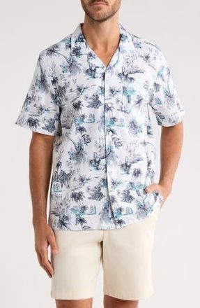 Original Penguin Beach Print Linen & Cotton Blend Camp Shirt in Bright White at Nordstrom Rack, Size Xx-Large