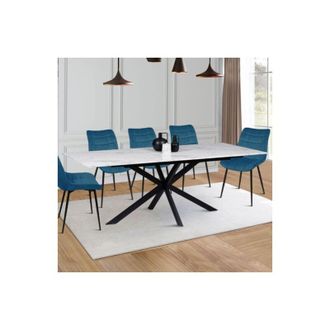 IDMarket Alaska Mesa de comedor para 6-10 personas con efecto mármol blanco y pata de araña de metal 160-200 cm