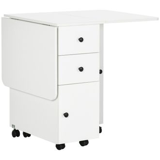 HOMCOM Mesa De Comedor Plegable Con Ruedas Alas Abatibles 2 Cajones Y Armario Mesa Auxiliar Multifuncional Para Estudio Cocina 120x60x76,5 Cm Blanco - Homcom
