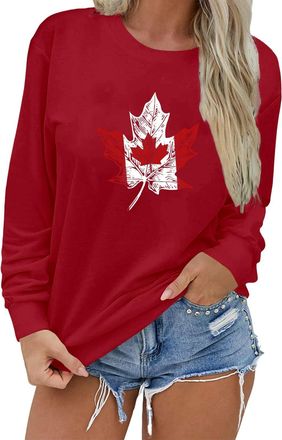 Generic Canada Day Sweatshirt for Women Canada Maple Leaf Patriotic Jumpers Casual Long Sleeve Tops Jumpers for Women UK