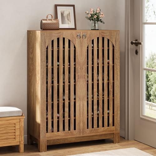 Meuble à Chaussures HOMCOM 2 Portes Design Chevrons - 75x35x97 Cm, Blanc Et Naturel - Étagères Réglables, Capacité 15 Paires - Pour Entrée, Rangement Organisé