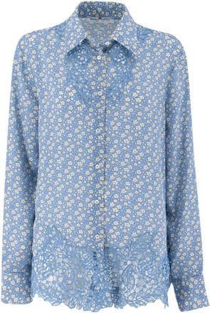 Ermanno Scervino Overhemden, Dames, Blauw, S, Zijden Bloemenprint Shirt met Lange Mouwen