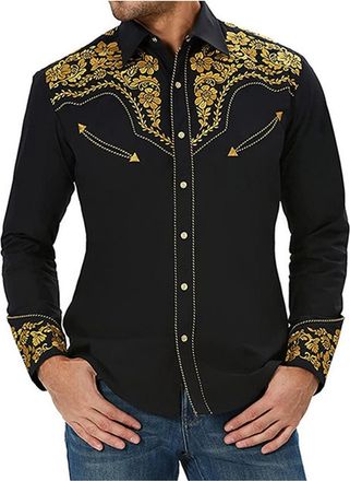 Generic Mens Casual Shirt Embroidered Long-Sleeved Work Shirt Button Down Slim Fit Wester Cowboy Shirt