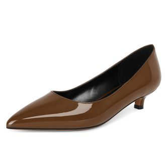 EDEFS Classic Brown Court Heels for Women 1.4 Inch Low Heel Pointed Toe Pumps Elegant Office Shoes Patent Leather UK4
