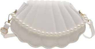 Generic PU Leather Shoulder Bag Seashell Women Crossbody Bag Pearl Chain Clutch Purse with Adjustable Strap Satchel Bag for Party Prom Cocktail (White)