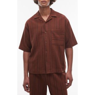 Topman Oversize Stripe Textured Cotton Blend Knit Camp Shirt in Brown at Nordstrom Rack, Size Xx-Large