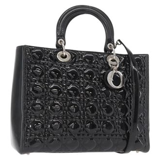 Dior Lady Dior Bag Cannage Quilt Patent Black Patent_Leather Handbag (Pre-Owned)