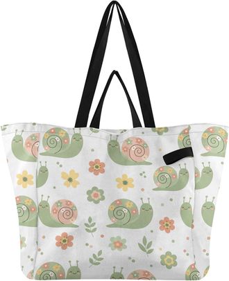 Generic Cute Garden Snails White pattern Reusable Canvas Tote Bag, Heavy Duty Grocery Shopping Bag with Large Capacity Double Handles Hard Bottom Work Groceri