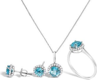 House of Brilliance 10K Gold Gemstone and 3/8 Cttw Diamond Halo Jewelry Set in White | Blue Topaz at Nordstrom