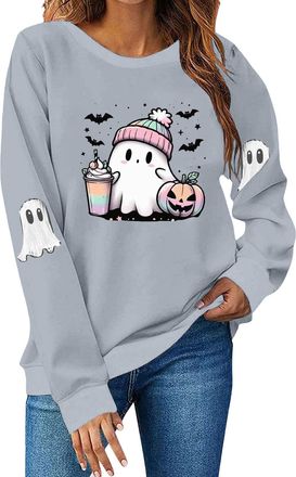 Generic Halloween Sweatshirts for Women Cute Spooky Season Sweater Funny Graphic Long Sleeve Pullover Tops Cute Crewneck Jumper Tunic Blouse Shirts Grey