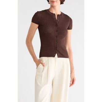 Calvin Klein Pointelle Short Sleeve Button Front Cardigan in Coffee Bean at Nordstrom Rack, Size X-Large