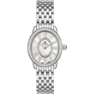 Michele Serein Oval Diamond & Mother-of-Pearl Bracelet Watch, 24mm x 27mm in Silver at Nordstrom