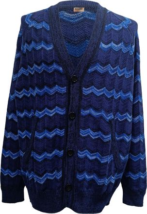 Missoni Intarsia Knitted Buttoned Cardigan in Blue Cotton