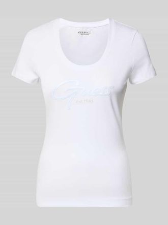 Guess T-Shirt mit U-Ausschnitt Modell SCRIPT in Weiss, Gr&ouml;&szlig;e XL