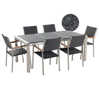 Beliani Conjunto De Comedor De Jard&iacute;n Negro Con Mesa 180 X 90 Cm De Basalto Negro 6 Sillas De Rat&aacute;n Grosseto