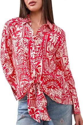 Tribal Printed Textured Challis Blouse With Tie Front In Sangria