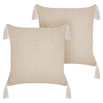 Beliani Conjunto De 2 Cojines Beige Claro 42 X 42 Cm Poli&eacute;ster Borlas Relleno Hakone