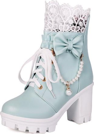 Generic Womens Cute Lolita Platform Ankle Boots with Lace Pearl Chain Bow Block High Heel Goth Punk Party Dress Shoes with Zipper (5.5,Blue)