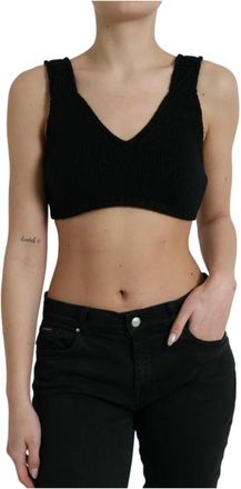 Dolce & Gabbana Zwarte Cashmere V-Hals Crop Top - Dames - Tops zonder mouwen - Zwart - XS - Kasjmier - Tops