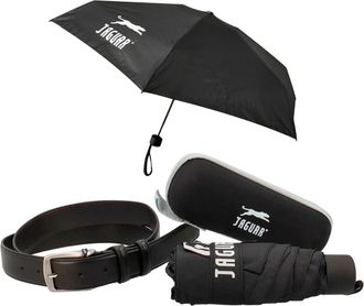 Jaguar Black Leather Belt and Compact Umbrella Gift Set with Case Elegant Gift Box