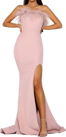 Portia & Scarlett Feather Trimmed Prom Dress With Slit In Blush