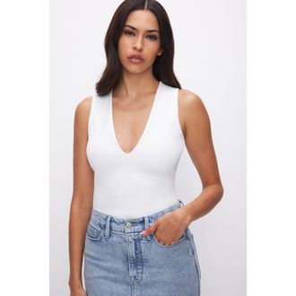 Good American Womens Sculpting Deep V Tank Bodysuit | White, Size Medium | Good American by Khlo&Egrave; Kardashian