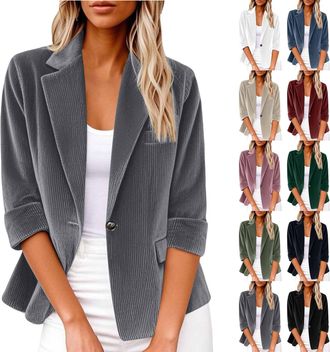 Generic HUIFUAO Womens+Blazers+&+Suit+Jackets Black Corduroy V Neck 3/4 Sleeve Business Work Blazers Dressy Coats Casual 1 Button Lapel Open Front Outerwear (