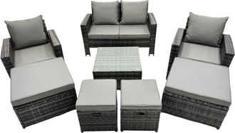 Fimous Pe Rattan Garden Furniture Set Lounge Sofa Coffee Table Set with 4 Footstool Dark Grey Mixed - Fimous