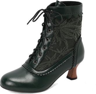 Generic Womens Round Toe PU Leather Short Boots Lace Up Retro Dress Shoes Kitten Heel Victorian Boots,Green,10.5 UK