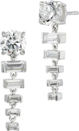 Savvy Cie Jewels RHODIUM PLATED ROUND AND STEP CUT GRADUATED WHITE CZ DROP EARRINGS